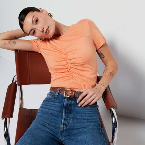 NWT Nation LTD Alina Tee T-Shirt Women’s Size Large Cadmium Orange Shirring - Picture 1 of 11